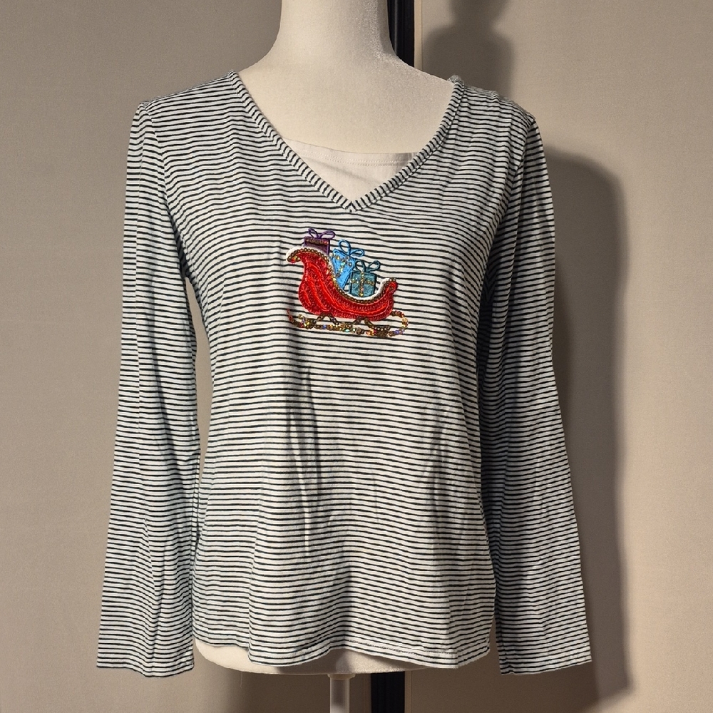 Holiday Editions Green Striped Christmas Top with Sleigh Design - Sz. M